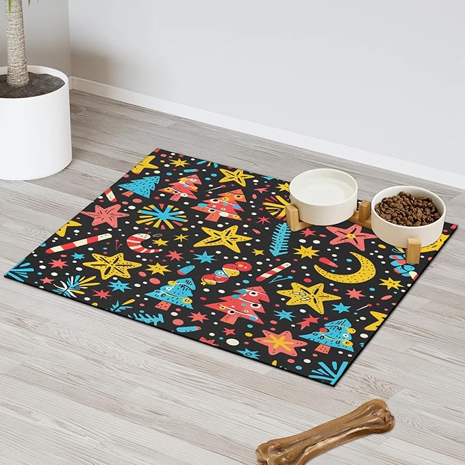 Christmas Tree Dog Food Mat for Floors Absorbent, Quick Dry Water Dispenser Mat for Food, Water, Pet Supplies 24" x 32", Star Moon