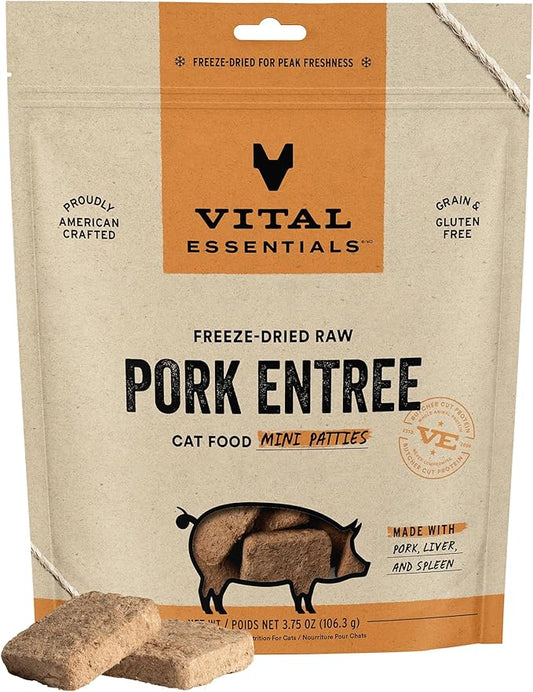 Vital Essentials Freeze Dried Cat Food, Raw Pork Mini Patties | Complete Meal or Topper | Easy to Portion and Rehydrate | High Protein, Grain Free Dry Cat Food | 3.75 oz Bag