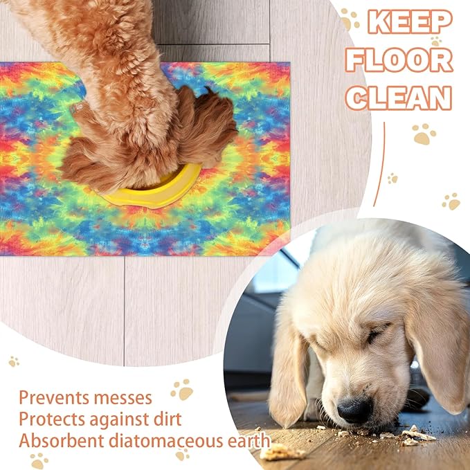 Watercolor Tie Dye Dog Food Mat for Floors Absorbent, Quick Dry Water Dispenser Mat for Food, Water, Pet Supplies 12" x 20", Abstract