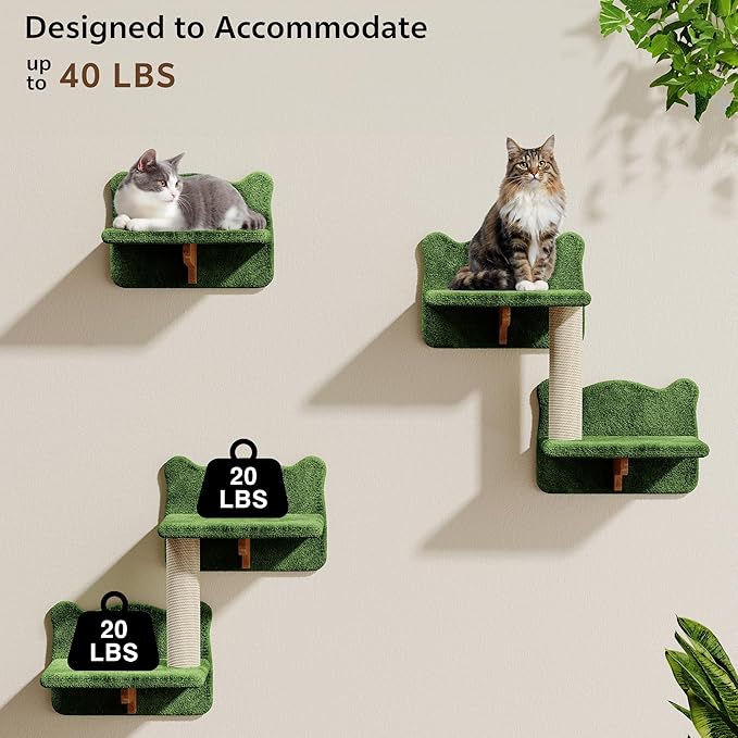 9-in-1 Cat Wall Shelves, Multi-Level Wall Mounted Cats Furniture Set with Plush Fabric, Floor Space-Saving Wooden Cat Climbing Wall Systems with Scratching Post, Bridge Ladder, Condos, Green