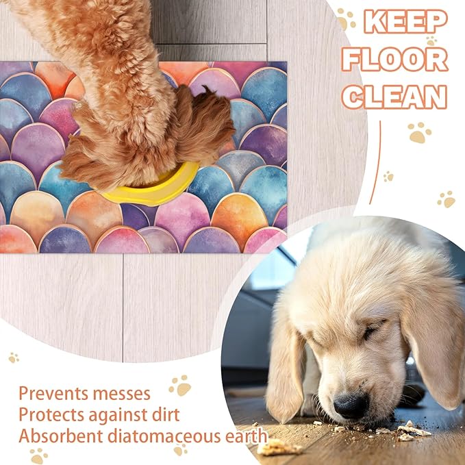 Mermaid Scale Dog Food Mat for Floors Absorbent Dog Bowl Mat for Food and Water Dispenser Quick Dry Cat Food Placemat Pet Supplies 12" x 20", Fish Scale
