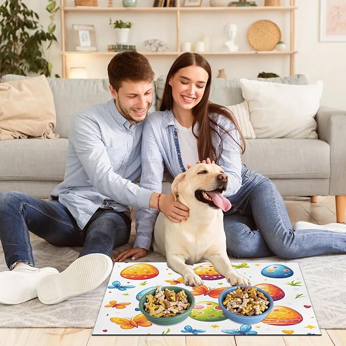 Spring Easter Dog Food Mat for Floors Absorbent Dog Bowl Mat for Food and Water Dispenser Quick Dry Cat Food Placemat Pet Supplies 12" x 20", Spring Butterfly