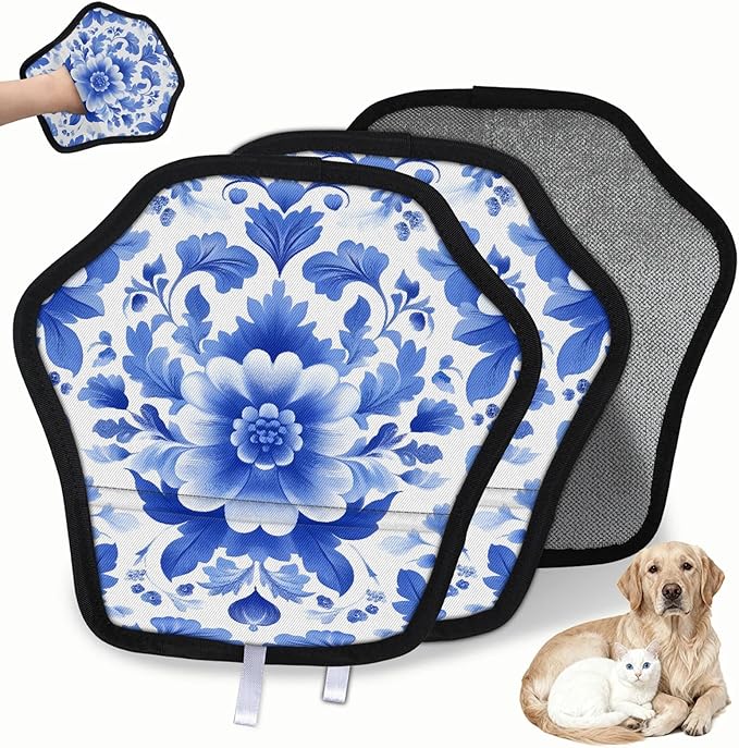 Blue Flower Pattern Electrostatic Pet Hair Removal Glove for Cats & Dogs - Reusable Grooming Mitt for Couch, Carpet, Car Seat & Laundry - Large 9x9 Inch