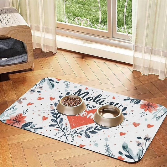 Pet Feeding Mat for Dogs Cats Happy Mother's Day Floral Gift for Mom Iq Absorbent Dog Food Mat Non-Slip Waterproof Placemat Quick Dry Pet Supplies Bowl Mats