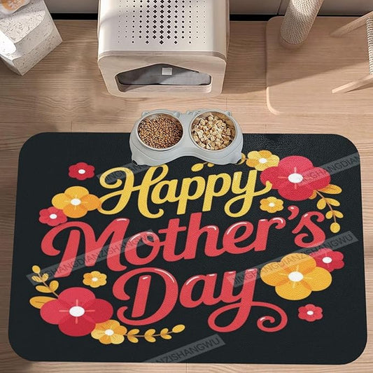 Dog Food Mats for Floors Absorbent Pet Cat Food Mat Happy Mother's Day Floral Gift Mom Ex Non Slip Dogs Bowl Mats for Water Dog Placemats Feeding Mat Pet Supplies 18X12In