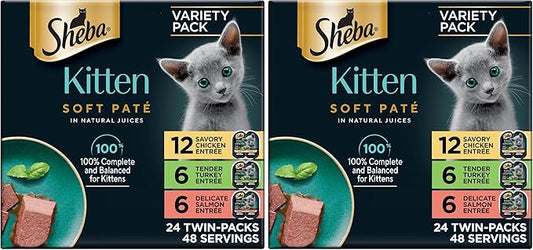 Sheba Perfect Portions Kitten Wet Cat Food Pate Chicken Entree, Salmon Entree, and Turkey, 2.6 oz. Twin-Pack Trays (, 48 Servings), 24 Count (Pack of 2)
