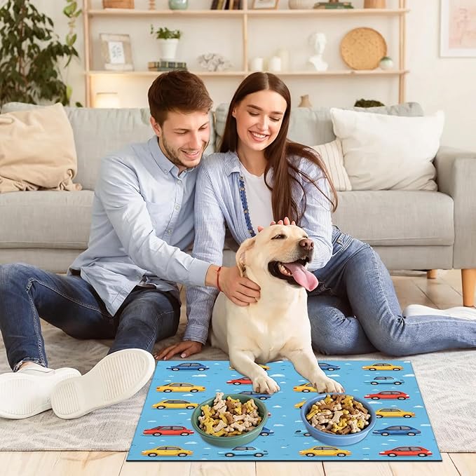Cartoon Car Dog Food Mat for Floors Absorbent, Quick Dry Water Dispenser Mat for Food, Water, Pet Supplies 17" x 30", Transportation Taxi
