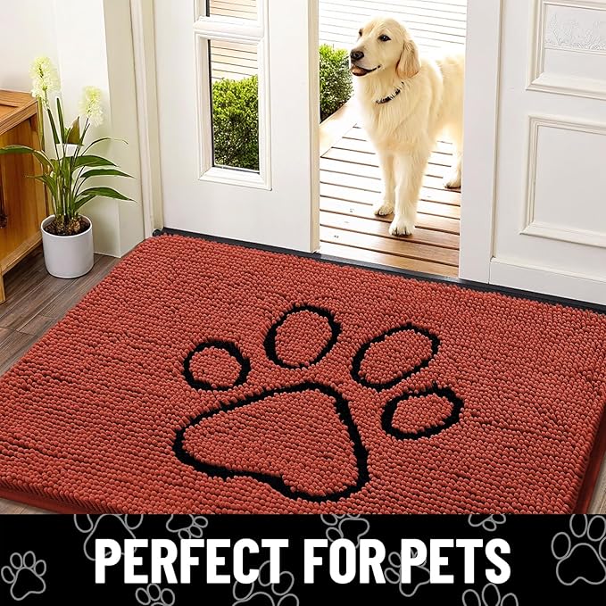 Smiry Dog Door Mat for Muddy Paws, Absorbent Dirt Trapper Non Slip Quick Dry Washable Chenille Mat for Mud Dogs, Entry Rug for Indoor and Outdoor (36x24 Inches, Maple Red and Black)
