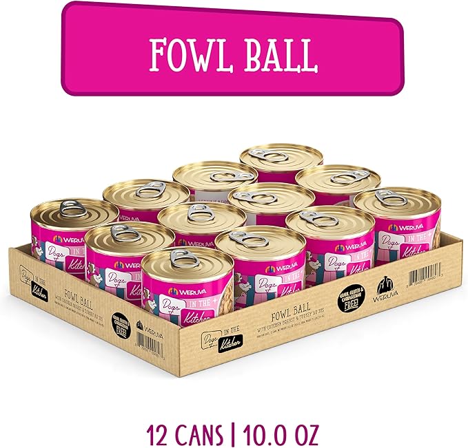 Weruva Dogs in The Kitchen, Fowl Ball with Chicken Breast & Turkey Au Jus Dog Food, 10oz Can (Pack of 12)