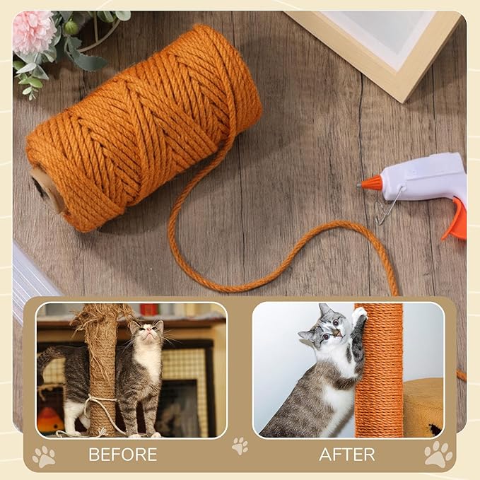 1/4inch ×164ft Natural Cat Tree Jute Rope, Repair and Replace Scratching Post Sisal Rope for Cat Tree Tower Scratching Post DIY (Orange)