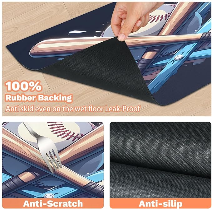 Baseball Bat Dog Food Mat for Floors Absorbent, Quick Dry Water Dispenser Mat for Food, Water, Pet Supplies 12" x 20", Sport Theme