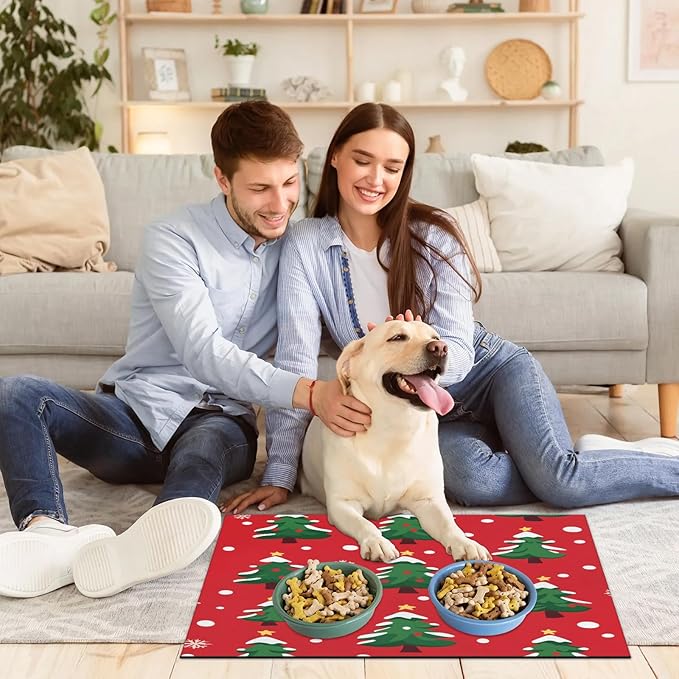 Winter Tree Dog Food Mat for Floors Absorbent, Quick Dry Water Dispenser Mat for Food, Water, Pet Supplies 17" x 30", Christmas Snowflake