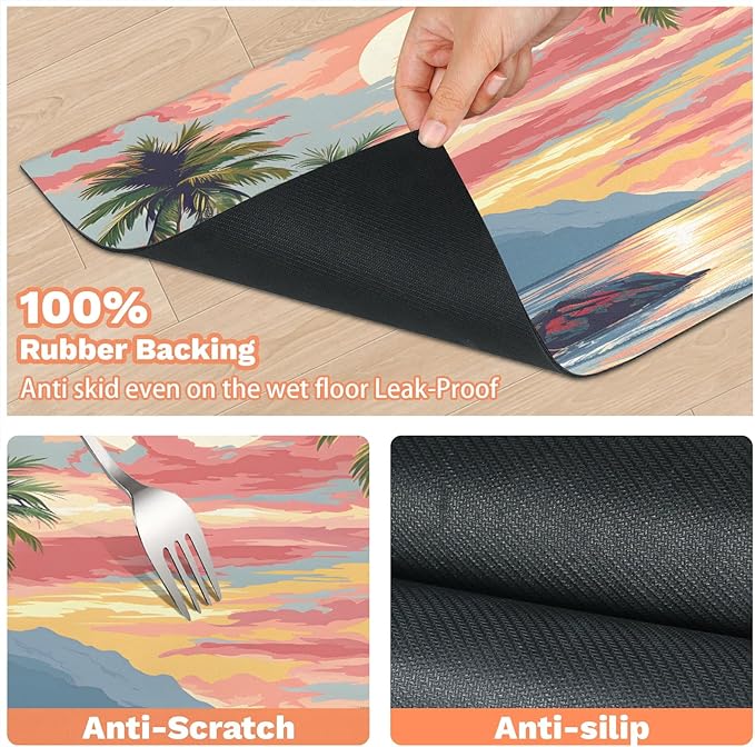 Sea Palm Tree Dog Food Mat for Floors Absorbent, Quick Dry Water Dispenser Mat for Food, Water, Pet Supplies 17" x 30", Beach