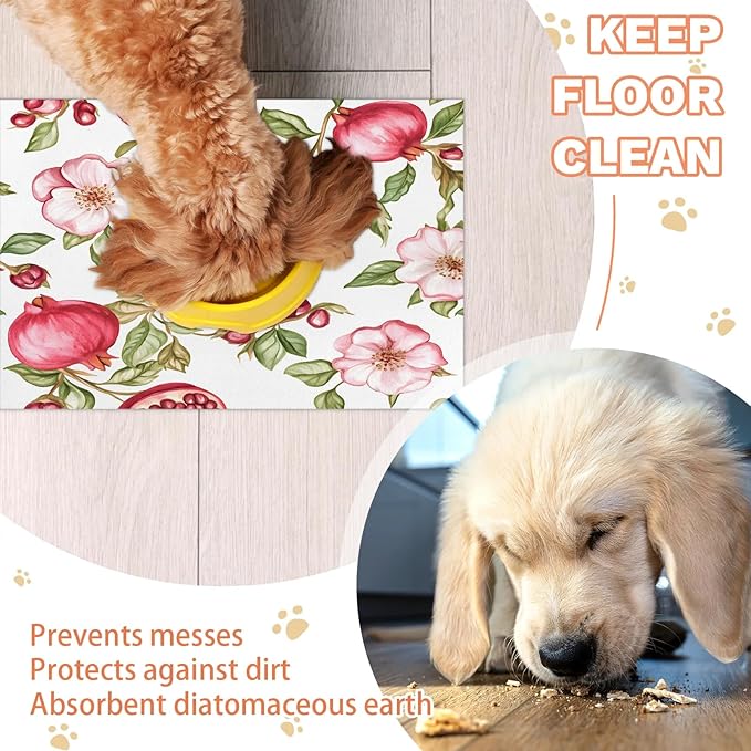 Pomegranate Fruit Dog Food Mat for Floors Absorbent Dog Bowl Mat for Food and Water Dispenser Quick Dry Cat Food Placemat Pet Supplies 17" x 30", Flower Leaves