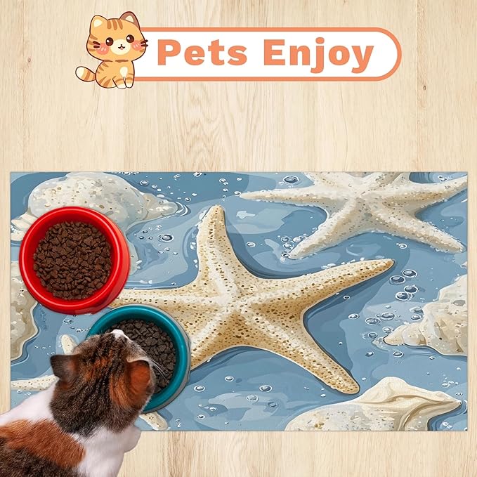 Starfish Dog Food Mat for Floors Absorbent Dog Bowl Mat for Food and Water Dispenser Quick Dry Cat Food Placemat Pet Supplies 24" x 32", Beach Seashells