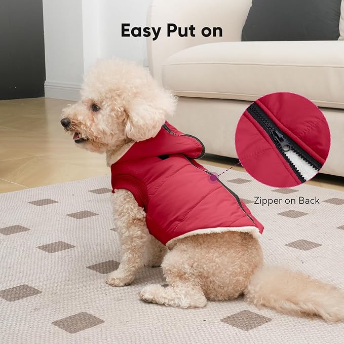 Fleece Lining Dog Hoodie with Harness Built in,Extra Warm Large Dog Jacket in Winter Doggie Coats with Hooded,Red XXL