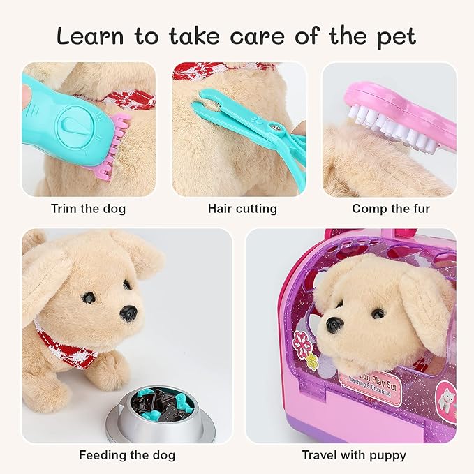 Pet Care Play Set Electric Vet Play Set-Walking ,Barking,Tail Wagging Little Plush Dog Grooming Toys with Puppy Carrier Feeding Dog Educational Toys for Toddler Kids