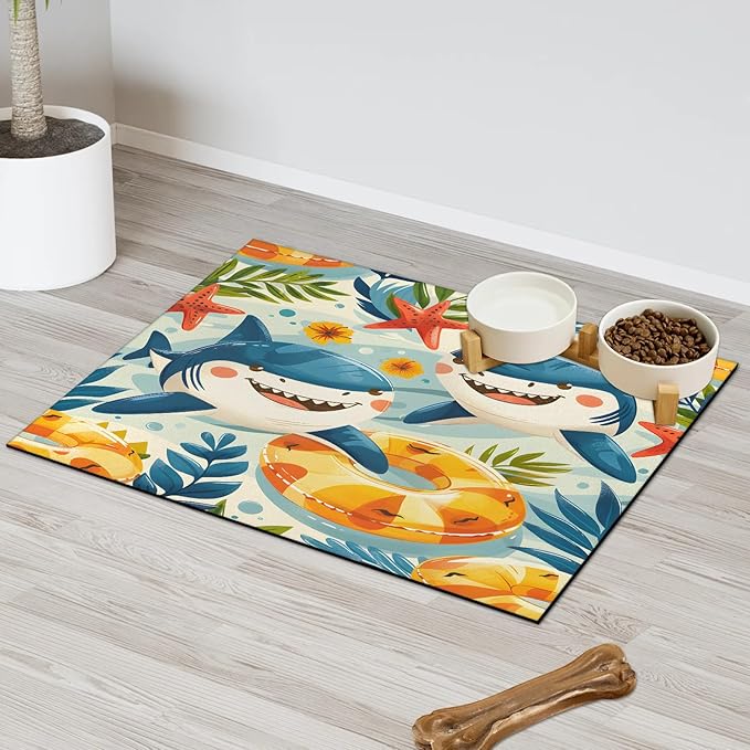 Cute Shark Dog Food Mat for Floors Absorbent Dog Bowl Mat for Food and Water Dispenser Quick Dry Cat Food Placemat Pet Supplies 12" x 20", Ocean