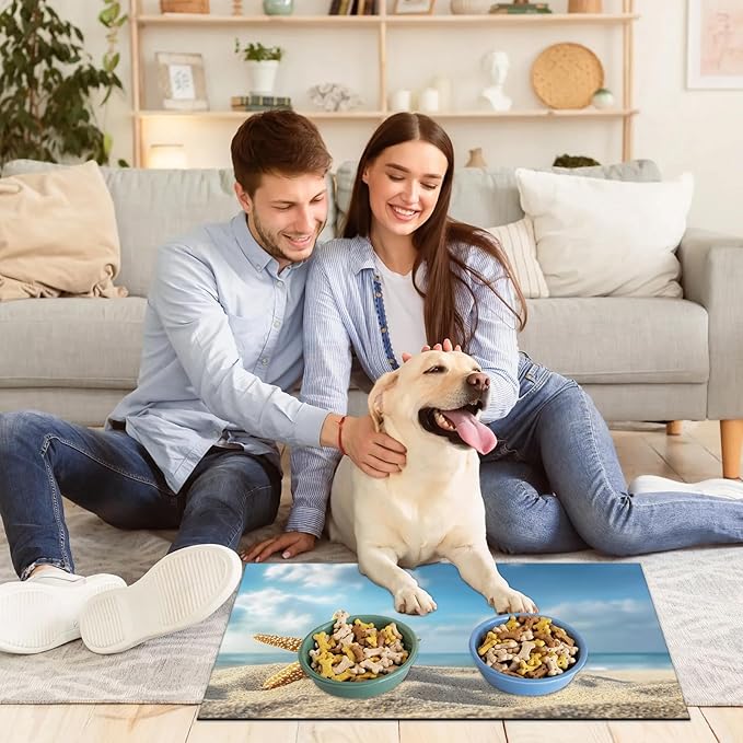 Starfish Dog Food Mat for Floors Absorbent Dog Bowl Mat for Food and Water Dispenser Quick Dry Cat Food Placemat Pet Supplies 16" x 24", Summer Beach