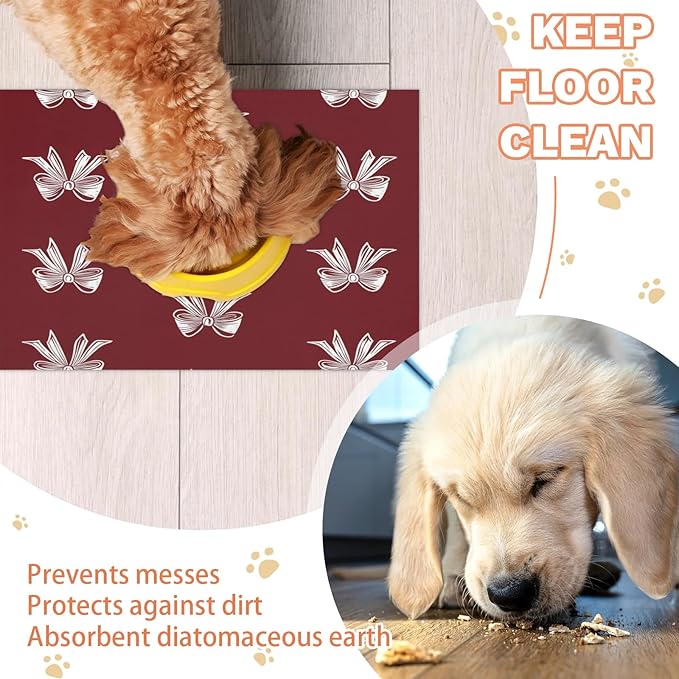 Christmas Bow Dog Food Mat for Floors Absorbent, Quick Dry Water Dispenser Mat for Food, Water, Pet Supplies 17" x 30", Cute Bow