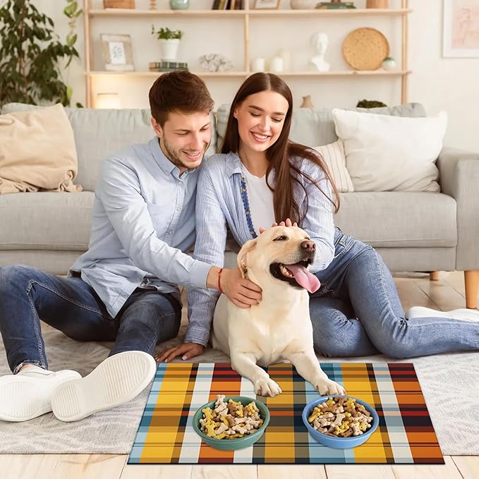 Buffalo Plaid Dog Food Mat for Floors Absorbent, Quick Dry Water Dispenser Mat for Food, Water, Pet Supplies 12" x 20", Colorful Plaid