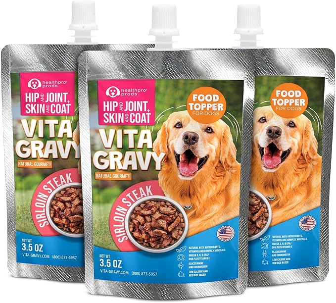 Healthpro VitaGravy® Dog Food Topper, Natural Dog Treat. Real, Sirloin Steak Purée Delicious and Delightful. Dogs Love its Irresistable Real Human, Food-Grade Ingredients! 3.5oz, 3 Pk