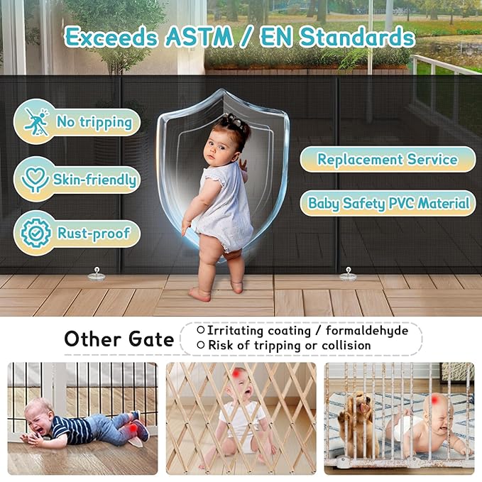 140'' Retractable Baby Gates Extra Wide,34" Tall Retractable Dog Gate for Doorways, Security Upgrade Reinforcement Rods Extra Long Retractable Baby Gate for Stairs, Indoor/Outdoor Retractable Gate