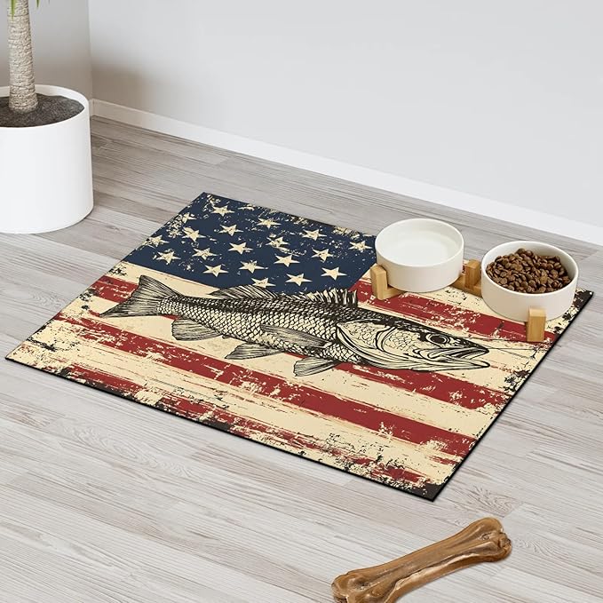 Vintage American Flag Dog Food Mat for Floors Absorbent Dog Bowl Mat for Food and Water Dispenser Quick Dry Cat Food Placemat Pet Supplies 17" x 30", Bass Fish