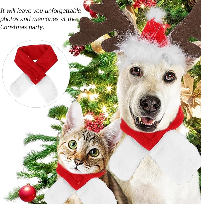 Pet Christmas Hat and Scarf Set with Reindeer Antler Headdress, Small Size Cotton Blend Xmas Costume Accessory for Puppies and Kittens Holiday Party Supplies