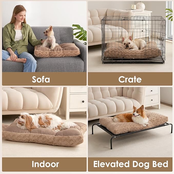 EHEYCIGA Washable Medium Dog Bed for Crate 29x21 Inch, Reversible Kennel Pad for Dogs Weight Up to 35 lbs, Plush and Comfy Pet Sleeping Mat, Camel