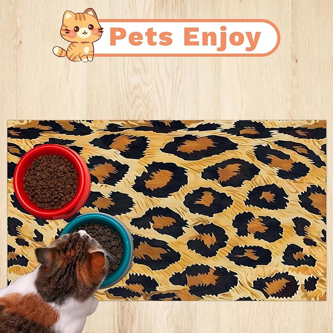 Leopard Print Dog Food Mat for Floors Absorbent Dog Bowl Mat for Food and Water Dispenser Quick Dry Cat Food Placemat Pet Supplies 16" x 24", Brown Cheetah Skin