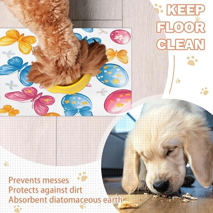 Spring Easter Dog Food Mat for Floors Absorbent Dog Bowl Mat for Food and Water Dispenser Quick Dry Cat Food Placemat Pet Supplies 16" x 24", Watercolor Butterfly