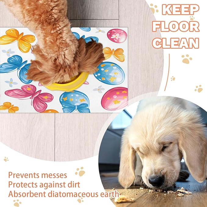 Spring Easter Dog Food Mat for Floors Absorbent Dog Bowl Mat for Food and Water Dispenser Quick Dry Cat Food Placemat Pet Supplies 24" x 32", Watercolor Butterfly