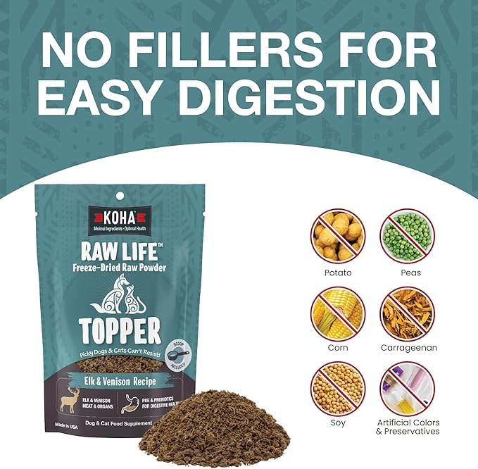 KOHA Raw Life Freeze-Dried Raw Topper Elk & Venison for Dogs and Cats, High Protein Meal Topper for Picky Eaters with Probiotics, 8oz Bag