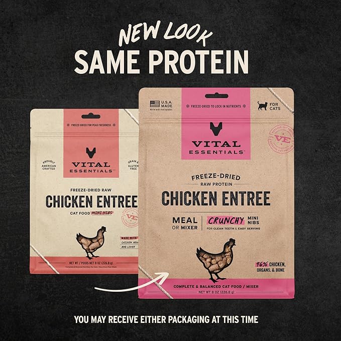 Vital Essentials Freeze Dried Cat Food, Raw Chicken Crunchy Mini Nibs | Complete Meal or Topper | 96% Chicken, Organs & Bone | Limited Ingredient, High Protein, Grain Free Dry Cat Food | 8 oz Bag