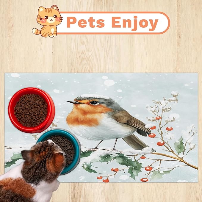 Winter Bird Dog Food Mat for Floors Absorbent, Quick Dry Water Dispenser Mat for Food, Water, Pet Supplies 16" x 24", Xmas Holly