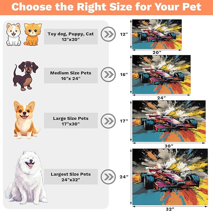 Race Car Dog Food Mat for Floors Absorbent, Quick Dry Water Dispenser Mat for Food, Water, Pet Supplies 12" x 20", Cool Car