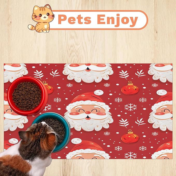 Santa Claus Dog Food Mat for Floors Absorbent, Quick Dry Water Dispenser Mat for Food, Water, Pet Supplies 16" x 24", Winter Snowflake
