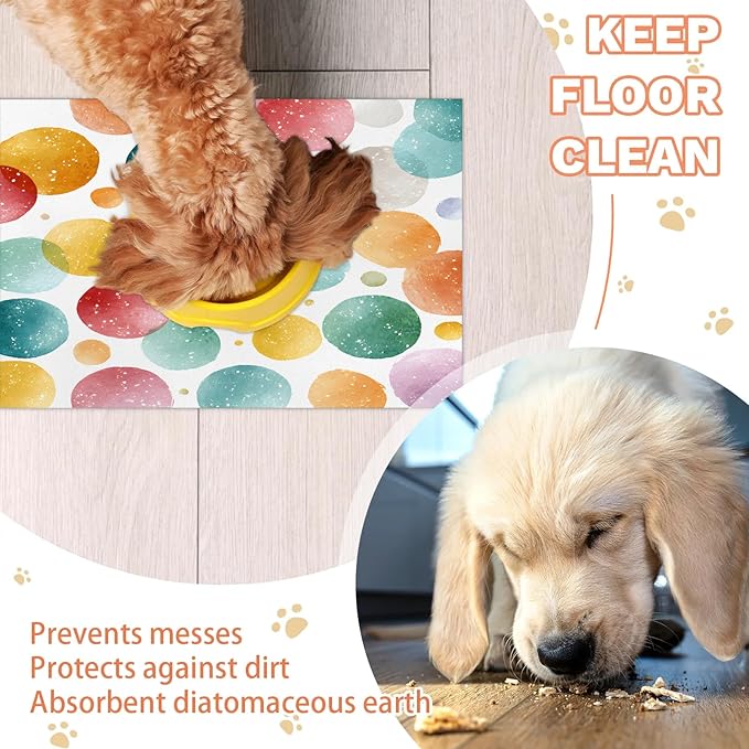 Polka Dot Dog Food Mat for Floors Absorbent Dog Bowl Mat for Food and Water Dispenser Quick Dry Cat Food Placemat Pet Supplies 17" x 30", Rainbow