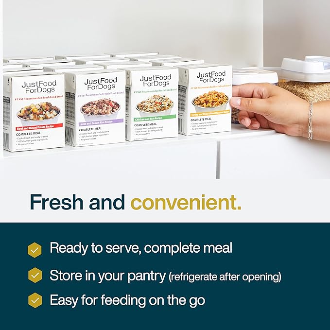 JustFoodForDogs Pantry Fresh Wet Dog-Food, Complete Meal or Dog Food Topper, Chicken & White Rice Human Grade Dog-Food Recipe - 12.5 oz, (Pack of 24)