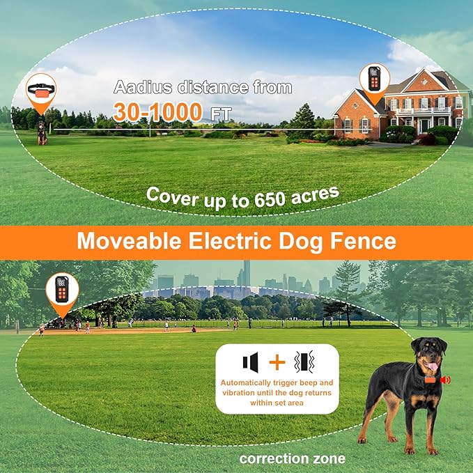 Wireless Dog Fence,Electric Dog Fence Rechargeable,Dog Fence Outdoor for Yard,Dog Training Collar Boundary Containment System with Remote Control,IPX7 Waterproof,Portable