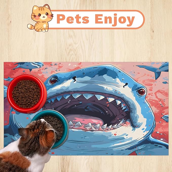 Sharks Dog Food Mat for Floors Absorbent Dog Bowl Mat for Food and Water Dispenser Quick Dry Cat Food Placemat Pet Supplies 24" x 32", Sea Animals