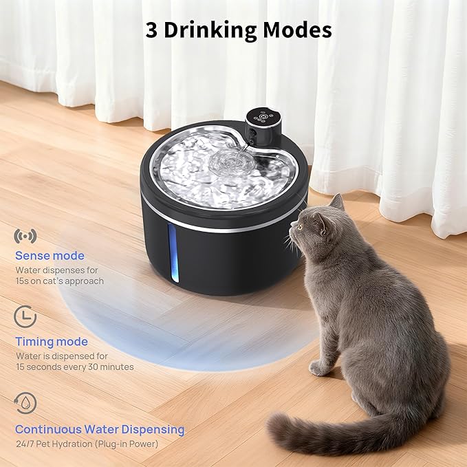 Cat Water Fountain Cordless, 108oz/3L Pet Fountains for Cats Indoor with Stainless Steel Tray, Battery Operated Cat Drinking Fountain with Motion Sensor, Ultra Quiet Pump (Cat Fountain+8Filters)