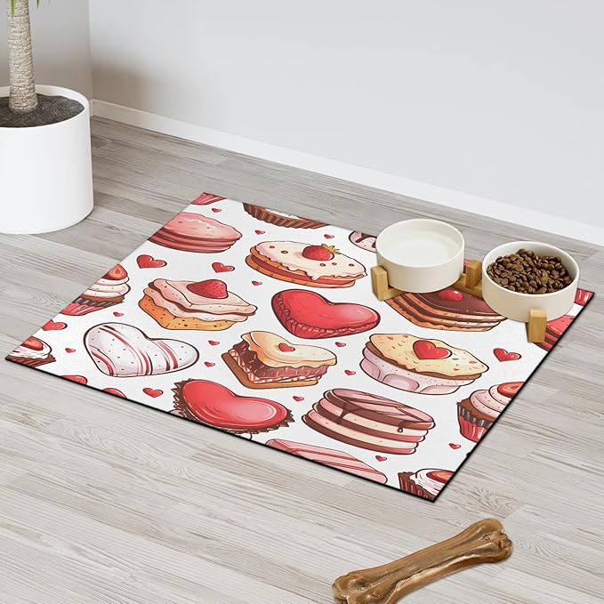 Dessert Theme Dog Food Mat for Floors Absorbent Dog Bowl Mat for Food and Water Dispenser Quick Dry Cat Food Placemat Pet Supplies 17" x 30", Valentine's Day Cake