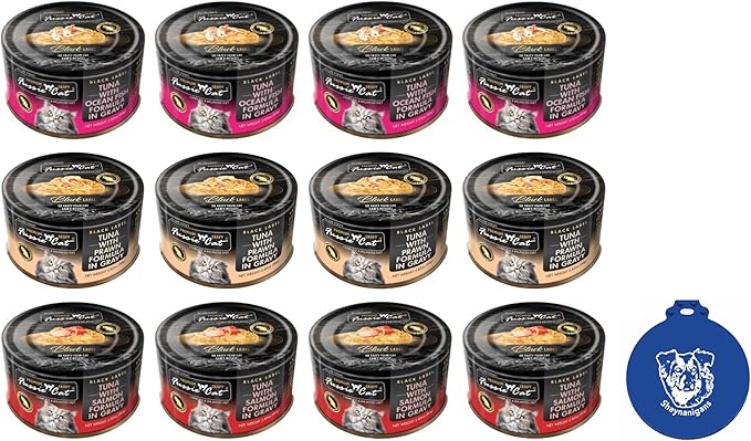 Felicia's Fabulous Finds Wet Chunks Cat Food in Gravy 3-Flavor Variety Bundle: Tuna with Salmon, Prawns or Ocean Fish (4 of Each Flavor, 12 Cans Total, 2.82 Ounces Each) Plus Silicone Lid