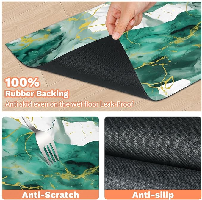 Marble Dog Food Mat for Floors Absorbent, Quick Dry Water Dispenser Mat for Food, Water, Pet Supplies 17" x 30", Green Gold Abstract