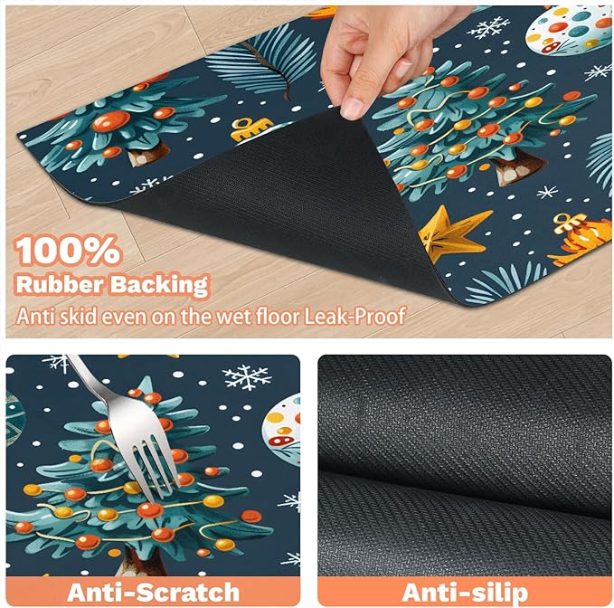 Merry Christmas Dog Food Mat for Floors Absorbent, Quick Dry Water Dispenser Mat for Food, Water, Pet Supplies 12" x 20", Ball Tree