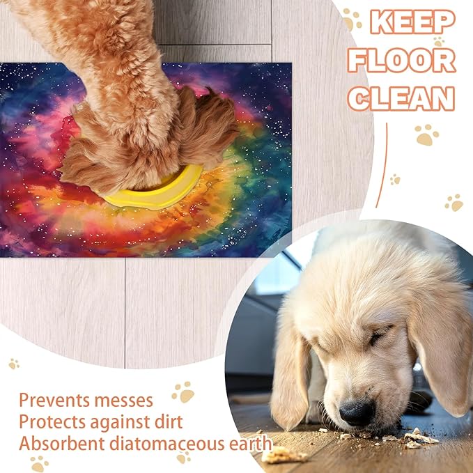 Boho Tie Dye Dog Food Mat for Floors Absorbent, Quick Dry Water Dispenser Mat for Food, Water, Pet Supplies 24" x 32", Rainbow