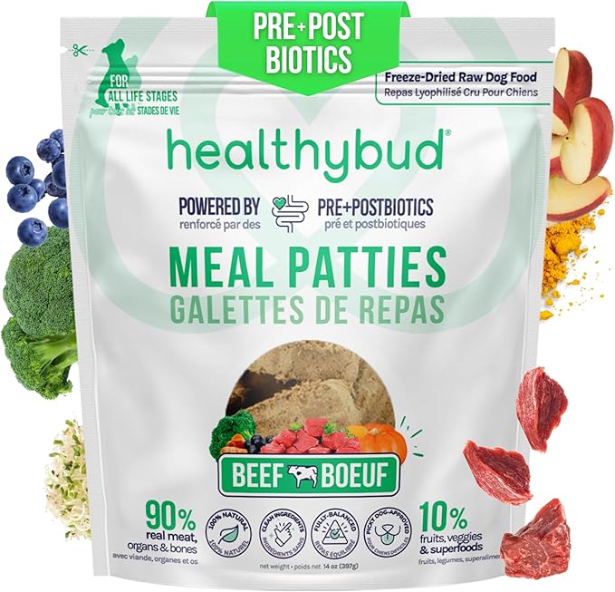healthybud Raw Dog Food, Freeze Dried Beef Patties, Grain Free Puppy Food, Human Grade, High Protein, Dehydrated Real Meat Dog Treats & Toppers, 14.1 oz