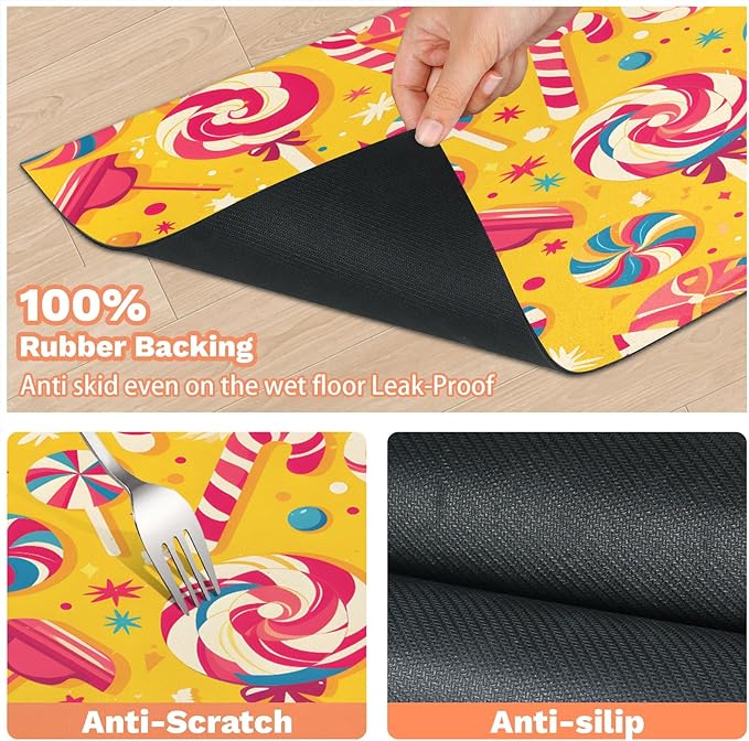 Lollipop Dog Food Mat for Floors Absorbent Dog Bowl Mat for Food and Water Dispenser Quick Dry Cat Food Placemat Pet Supplies 24" x 32", Colorful Candy